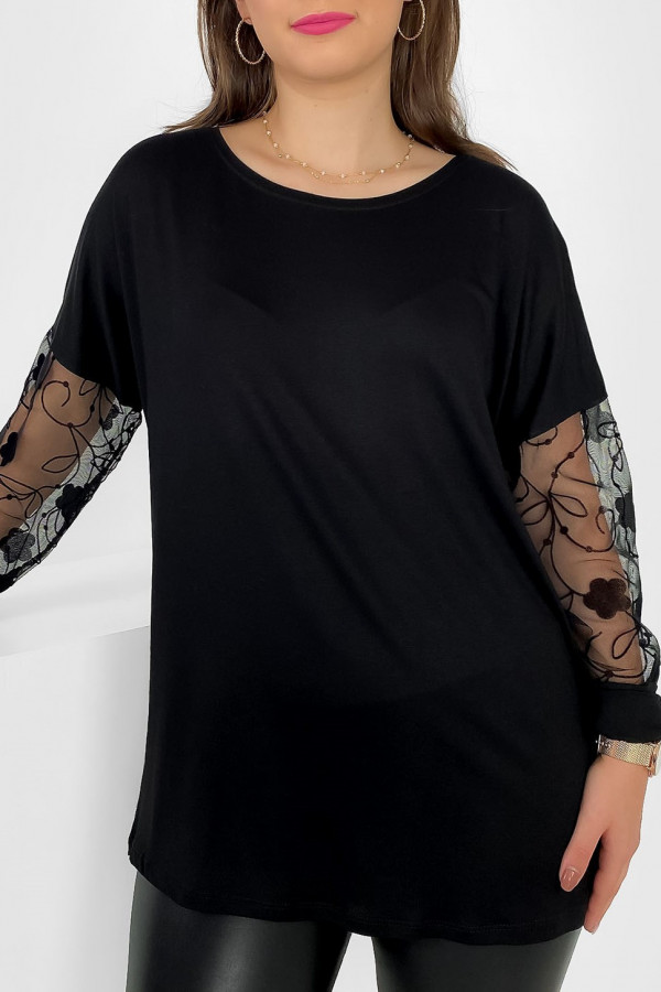 Bluzka damska plus size z wiskozy w kolorze czarnym siateczka wzór pnącza na rękawach Kate