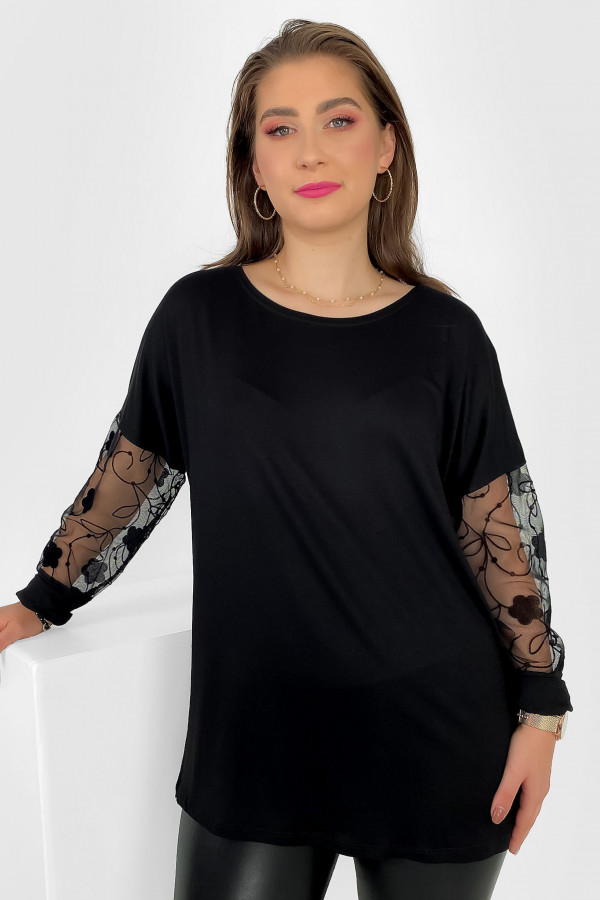 Bluzka damska plus size z wiskozy w kolorze czarnym siateczka wzór pnącza na rękawach Kate 1