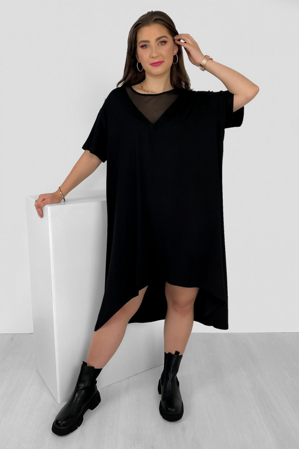 Asymetryczna sukienka plus size w kolorze czarnym dekolt siateczka dłuższy tył Mirell 1