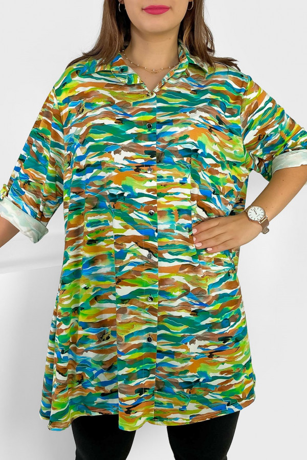 Długa koszula tunika wzór multikolor zielono turkusowa z rękawem 3/4 Dimaa