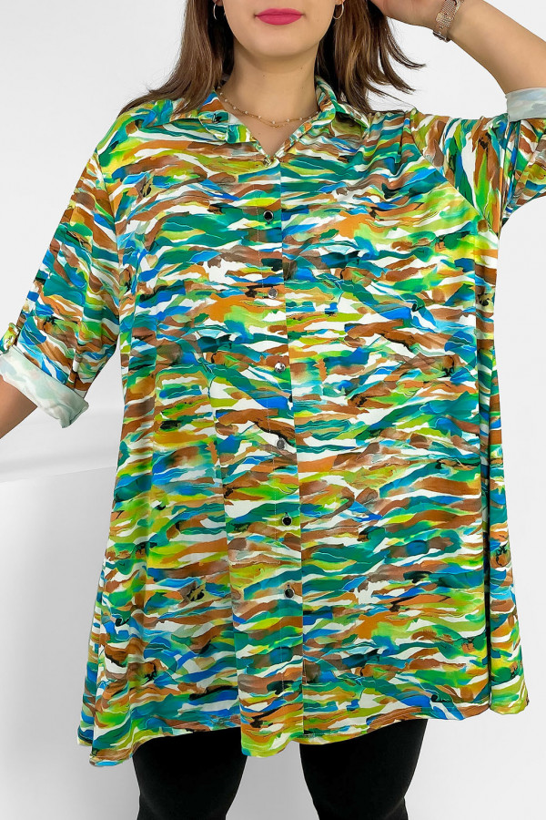 Długa koszula tunika wzór multikolor zielono turkusowa z rękawem 3/4 Dimaa 2