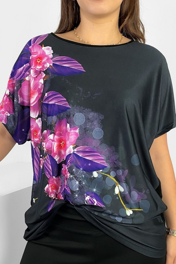 Bluzka damska plus size nietoperz multikolor z nadrukiem kwiaty pink violet