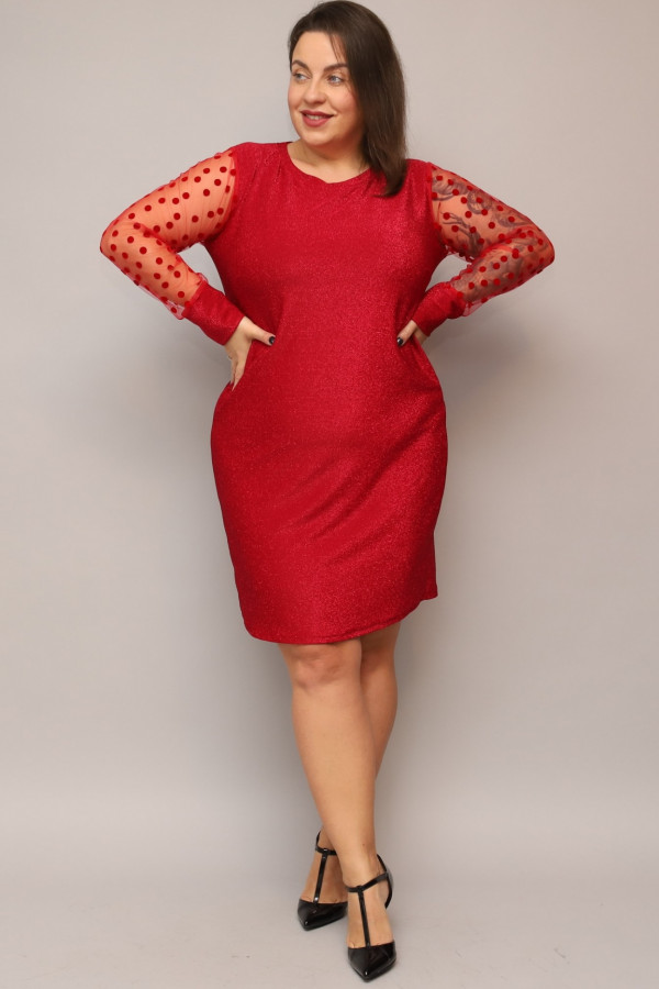 Błyszcząca sukienka plus size w kolorze czerwonym koronkowe rękawy groszki Lexie 1