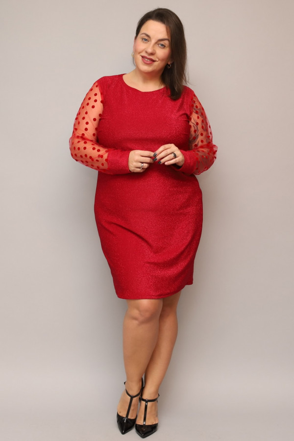 Błyszcząca sukienka plus size w kolorze czerwonym koronkowe rękawy groszki Lexie 3