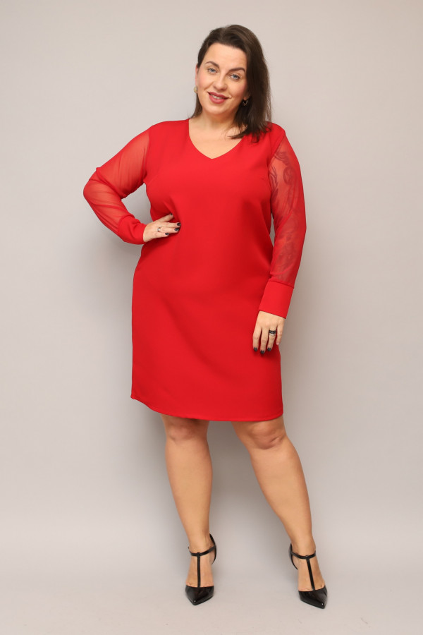 Elegancka sukienka plus size Caroline w kolorze czerwonym koronkowe rękawy dekolt V 3
