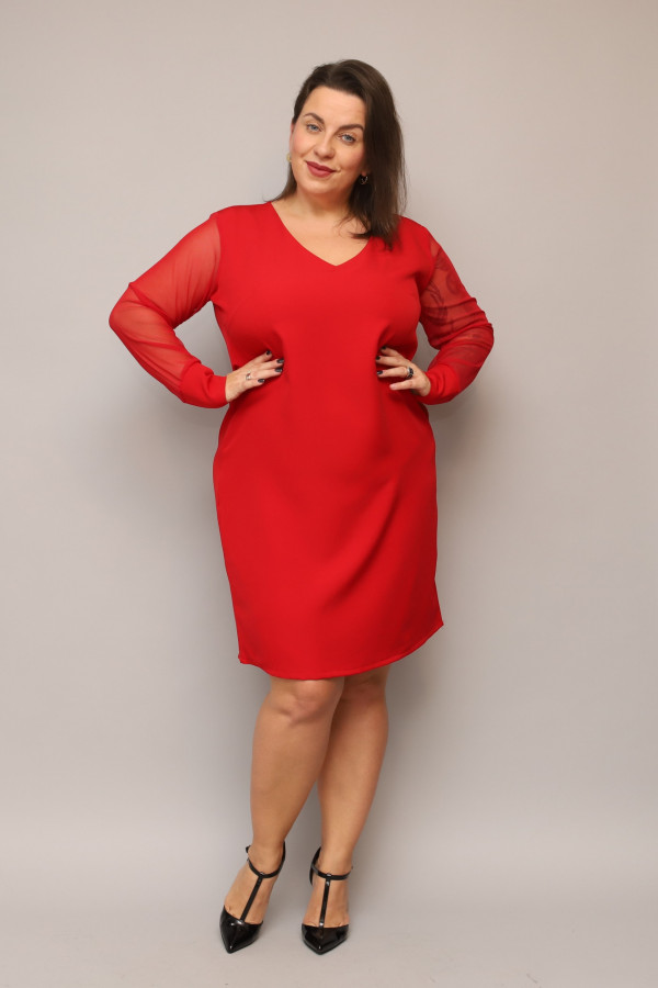Elegancka sukienka plus size Caroline w kolorze czerwonym koronkowe rękawy dekolt V 4