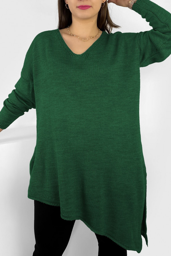 Długi asymetryczny sweter tunika damska oversize w kolorze zielonym rozcięcie Prince