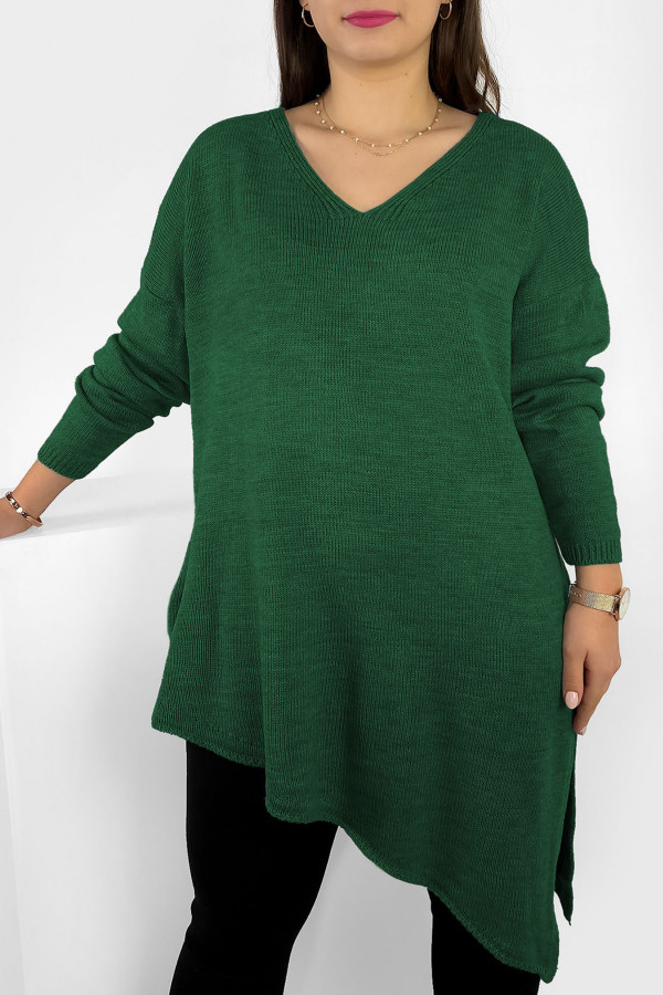 Długi asymetryczny sweter tunika damska oversize w kolorze zielonym rozcięcie Prince 1