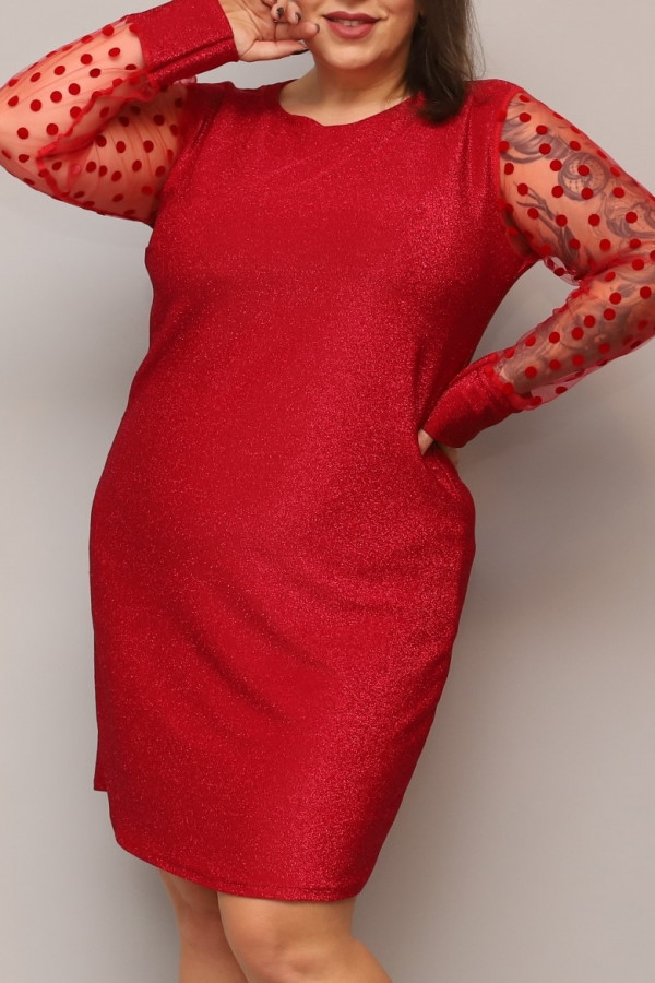 Błyszcząca sukienka plus size w kolorze czerwonym koronkowe rękawy groszki Lexie