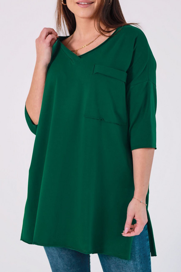 Tunika damska w kolorze butelkowej zieleni oversize v-neck kieszeń Polina