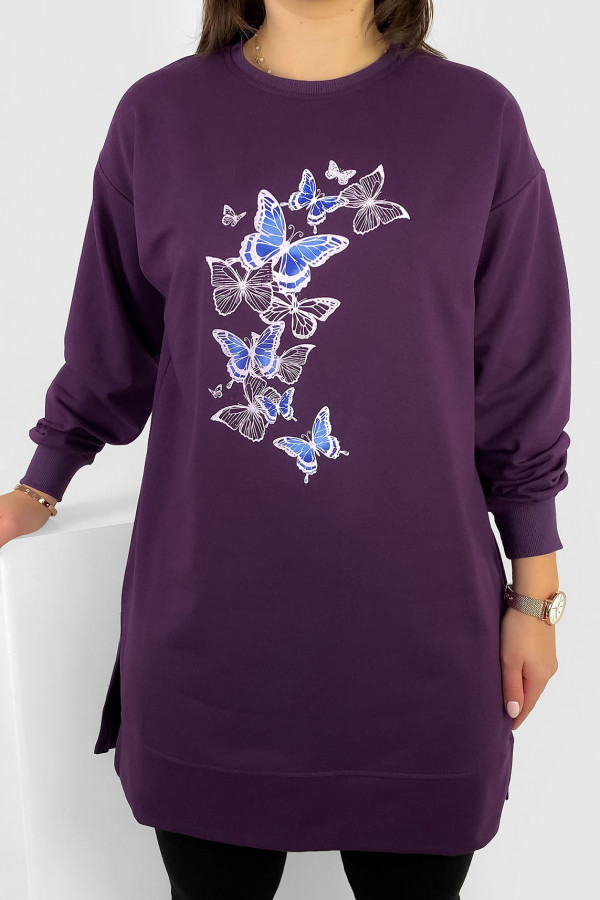 Długa bluza dresowa tunika damska w kolorze fioletowym motyle Bally
