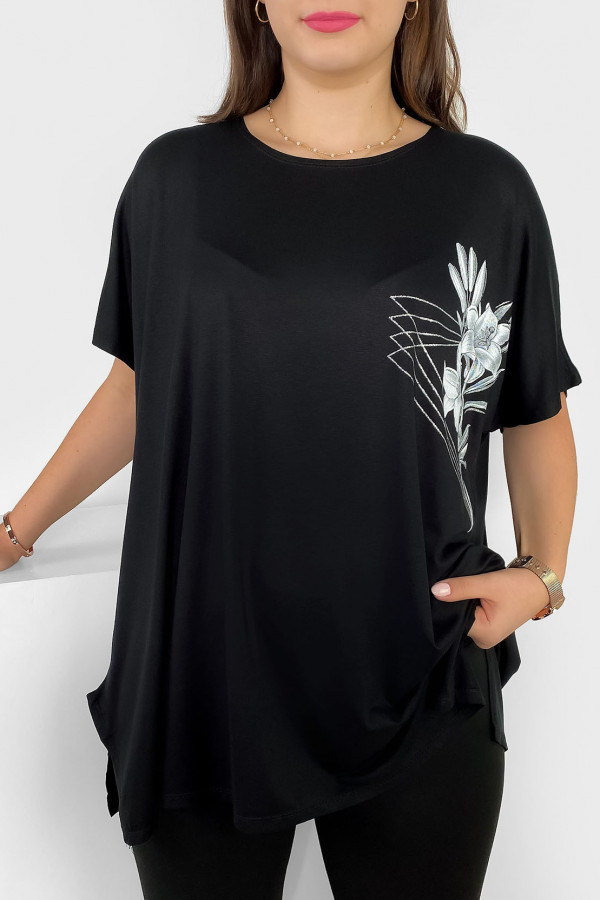 Tunika plus size luźna bluzka z wiskozy w kolorze czarnym kwiaty flowers 2