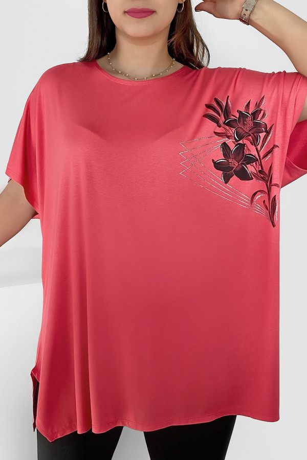 Tunika plus size luźna bluzka z wiskozy w kolorze koralowym kwiaty flowers
