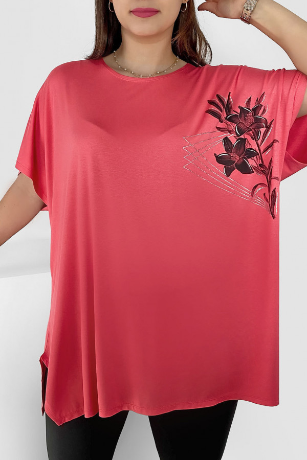 Tunika plus size luźna bluzka z wiskozy w kolorze koralowym kwiaty flowers 1