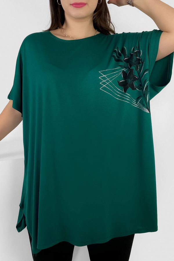 Tunika plus size luźna bluzka z wiskozy w kolorze zielonym kwiaty flowers
