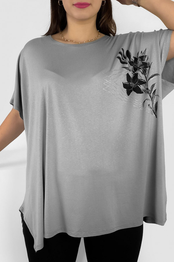 Tunika plus size luźna bluzka z wiskozy w kolorze szarym kwiaty flowers 1