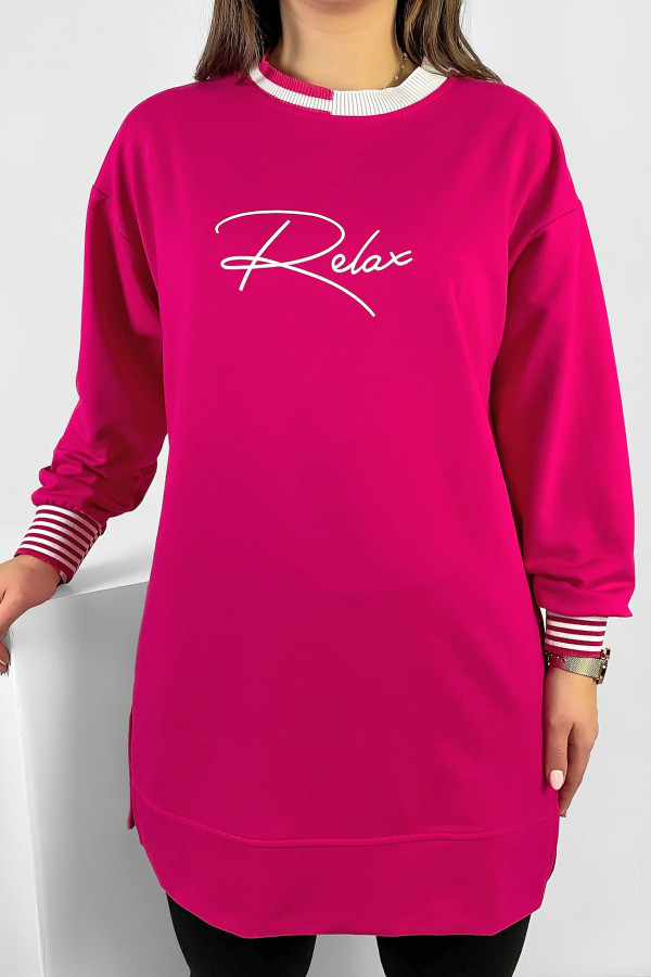 Długa bluza dresowa tunika damska w kolorze fuksji napis Relax
