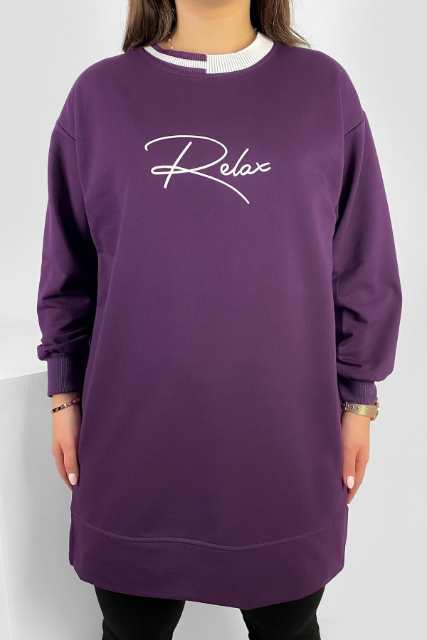 Długa bluza dresowa tunika damska w kolorze fioletowym napis Relax