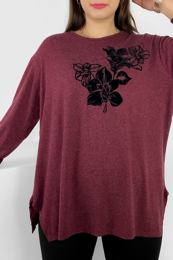 Lekka milutka bluzka plus size w kolorze bordowym melanż rozcięcia kwiaty Reggy 1