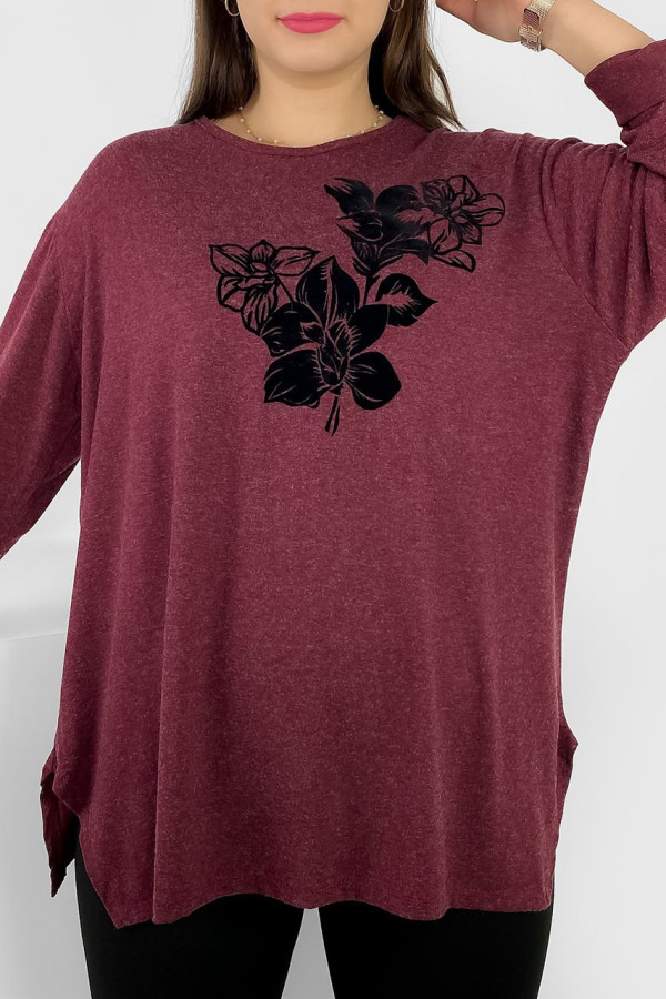 Lekka milutka bluzka plus size w kolorze bordowym melanż rozcięcia kwiaty Reggy