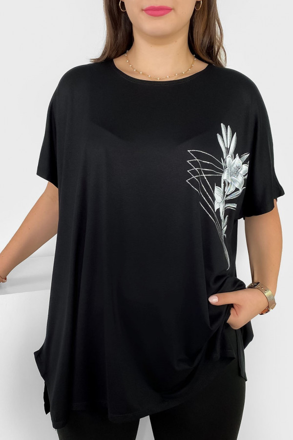 Tunika plus size luźna bluzka z wiskozy w kolorze czarnym kwiaty flowers