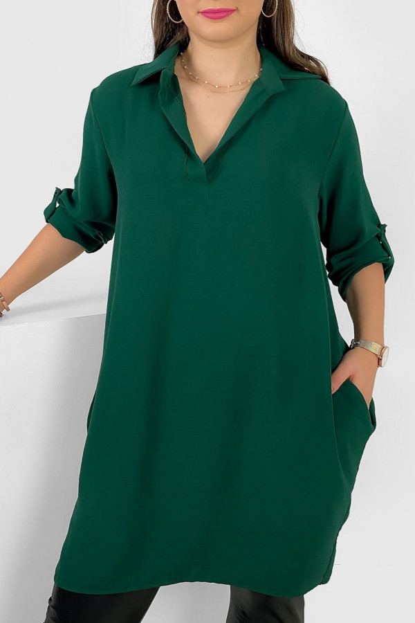 Koszula tunika plus size w kolorze butelkowej zieleni podpinane rękawy kieszenie Meredith