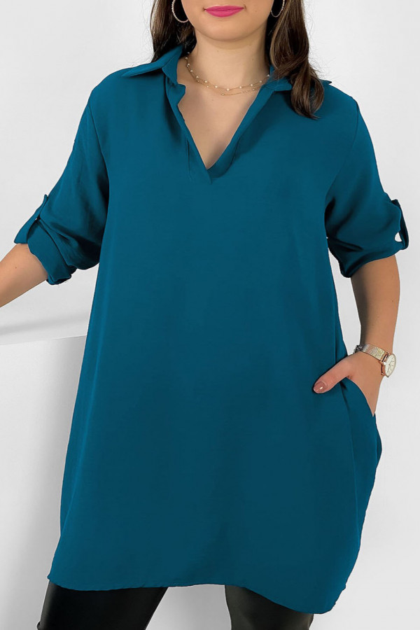 Koszula tunika plus size w kolorze morskim podpinane rękawy kieszenie Meredith