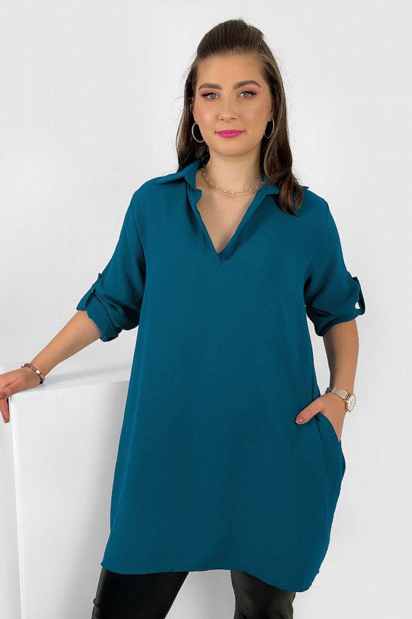 Koszula tunika plus size w kolorze morskim podpinane rękawy kieszenie Meredith 1