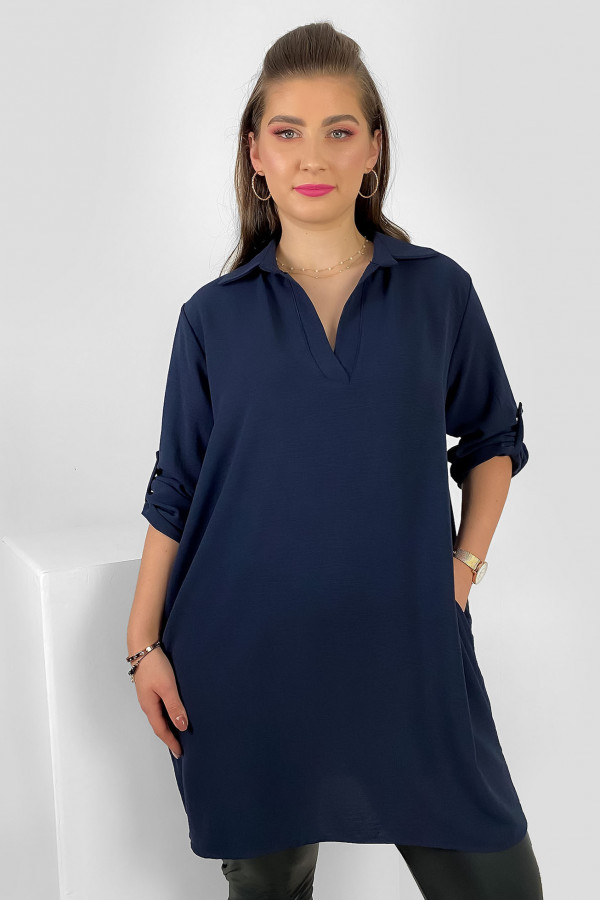 Koszula tunika plus size w kolorze granatowym podpinane rękawy kieszenie Meredith 2