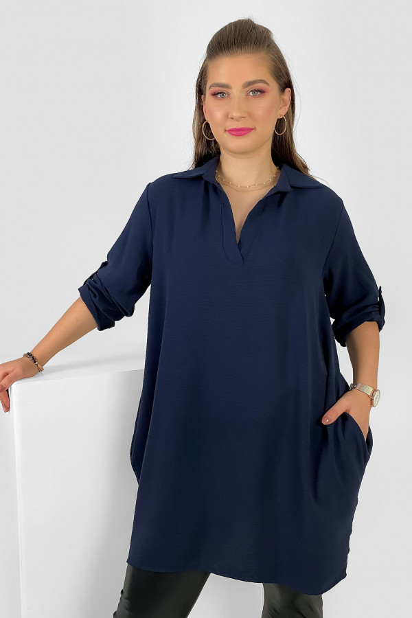 Koszula tunika plus size w kolorze granatowym podpinane rękawy kieszenie Meredith 1