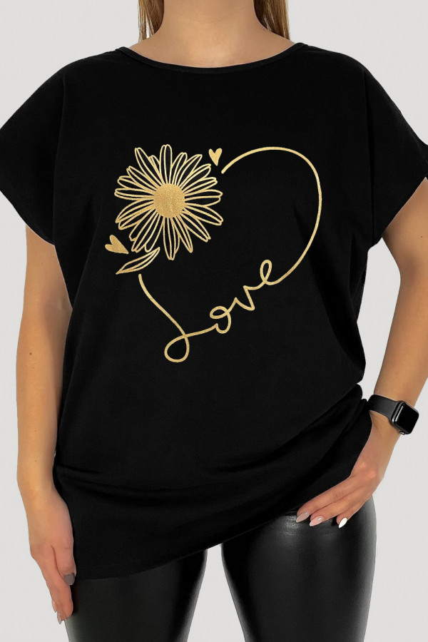 T-shirt damski plus size w kolorze czarnym print kwiatek love