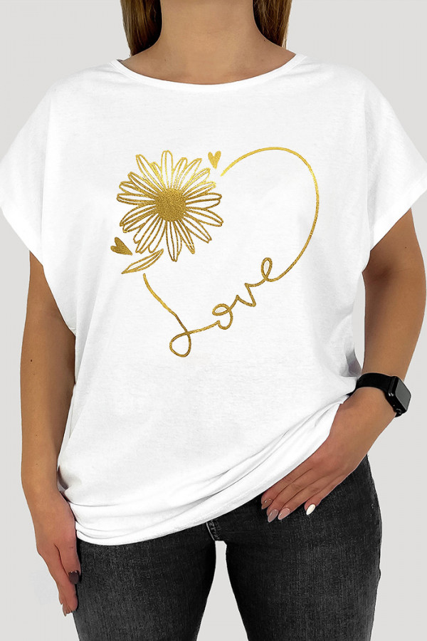 T-shirt damski plus size w kolorze białym print kwiatek love