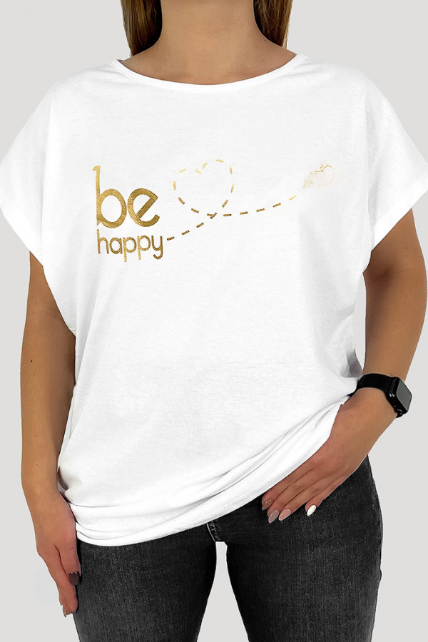 T-shirt damski plus size w kolorze białym napis print be happy