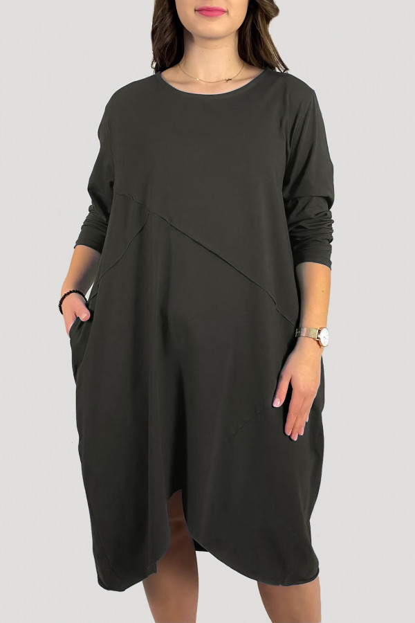 Bawełniana sukienka plus size w kolorze grafitowym przeszycia kieszenie Mavis 2