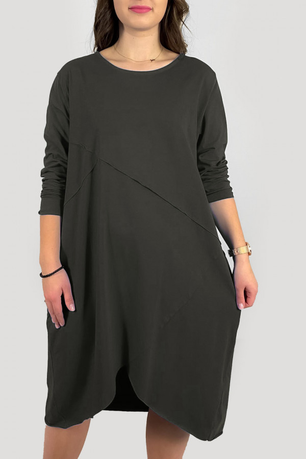 Bawełniana sukienka plus size w kolorze grafitowym przeszycia kieszenie Mavis 4