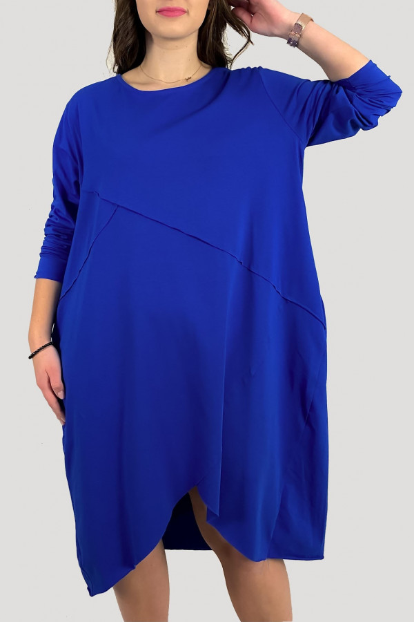 Bawełniana sukienka plus size w kolorze kobaltowym przeszycia kieszenie Mavis 1