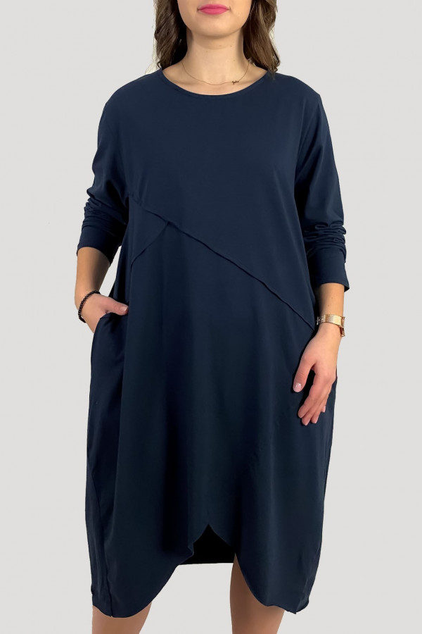 Bawełniana sukienka plus size w kolorze granatowym przeszycia kieszenie Mavis 1