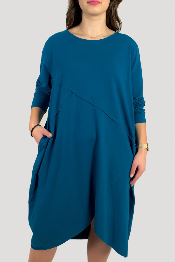 Bawełniana sukienka plus size w kolorze morskim przeszycia kieszenie Mavis 2