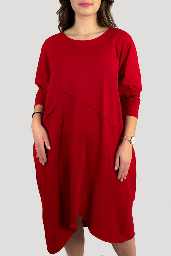 Bawełniana sukienka plus size w kolorze czerwonym przeszycia kieszenie Mavis 4