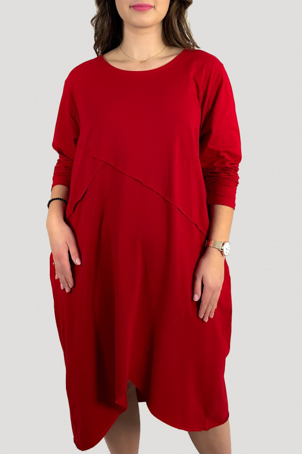 Bawełniana sukienka plus size w kolorze czerwonym przeszycia kieszenie Mavis 1