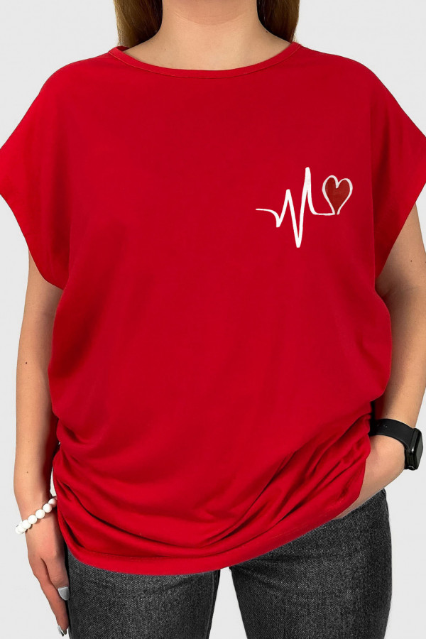 T-shirt plus size koszulka bluzka damska w kolorze czerwonym print linia życia serce