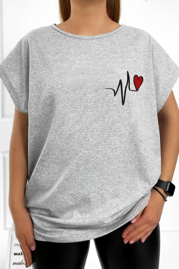 T-shirt plus size koszulka bluzka damska w kolorze szarym print linia życia serce