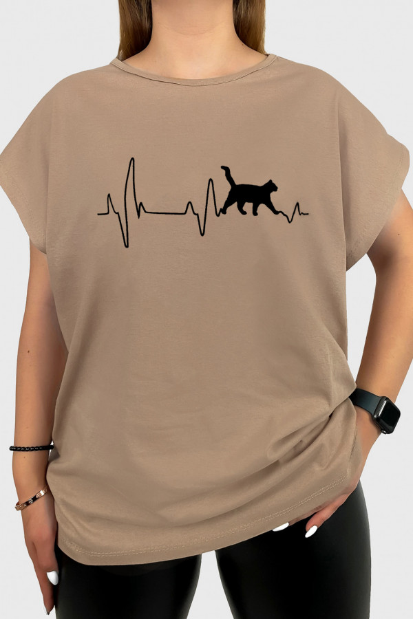 T-shirt damski plus size w kolorze latte beż linia życia kot