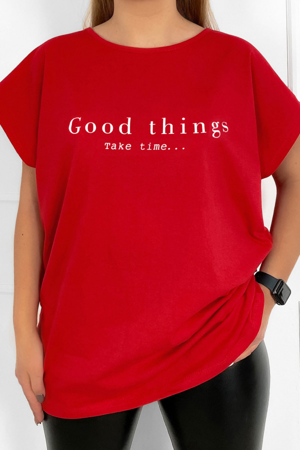 T-shirt damski plus size w kolorze czerwonym good things take time