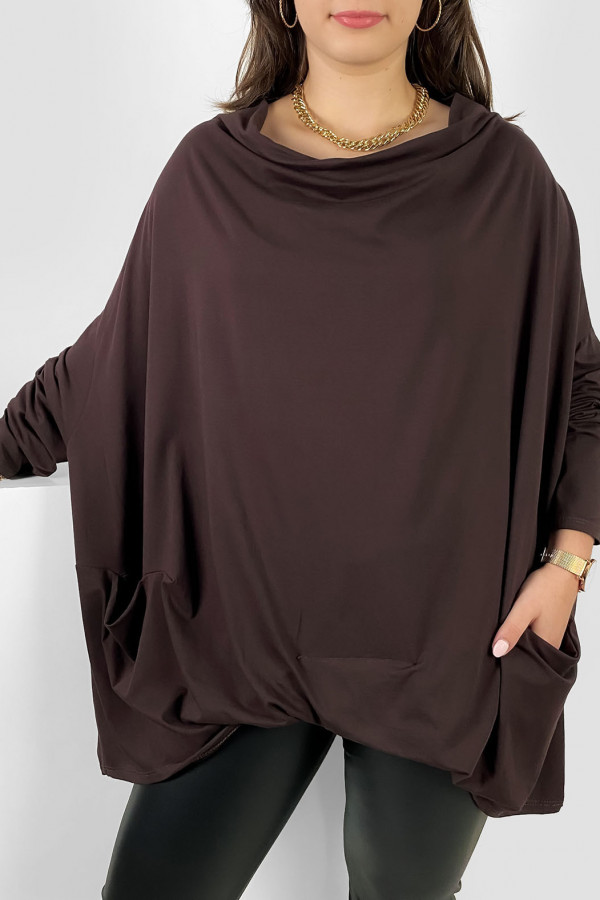 Mega oversize bluzka plus size w kolorze brązowym zakładka dekolt woda kieszenie Crystal 2