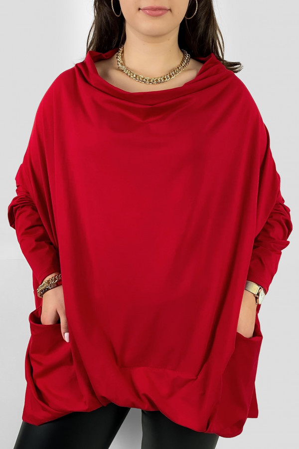 Mega oversize bluzka plus size w kolorze czerwonym zakładka dekolt woda kieszenie Crystal