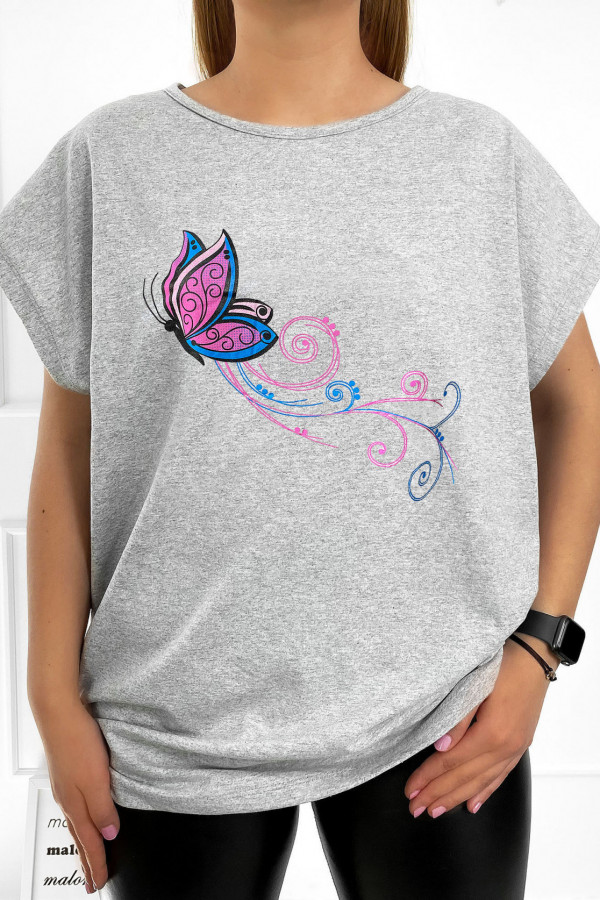 T-shirt damski plus size w kolorze szarym print motyl butterfly