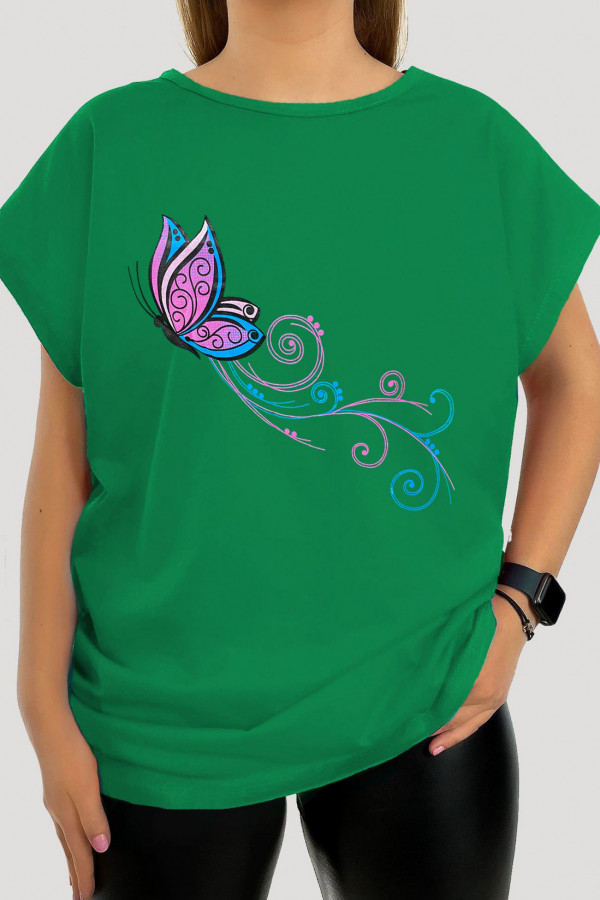 T-shirt damski plus size w kolorze zielonym print motyl butterfly