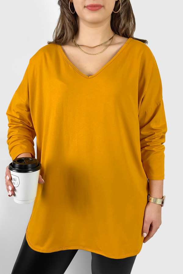 Casualowa damska bluzka w kolorze musztardowym dłuższy tył dekolt v serek Chandi 2