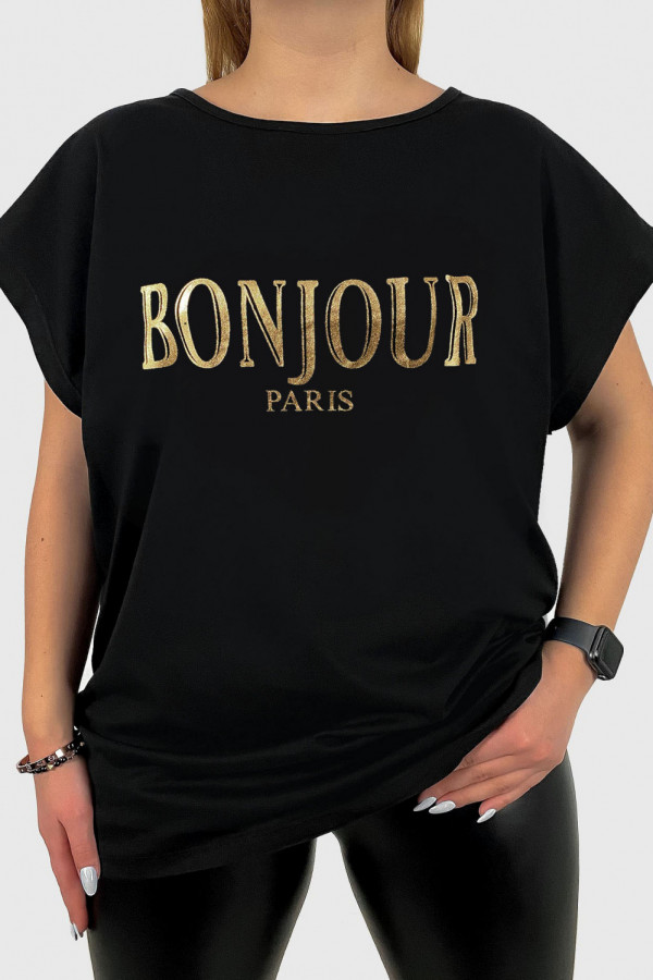 T-shirt damski plus size w kolorze czarnym złoty print bonjour paris